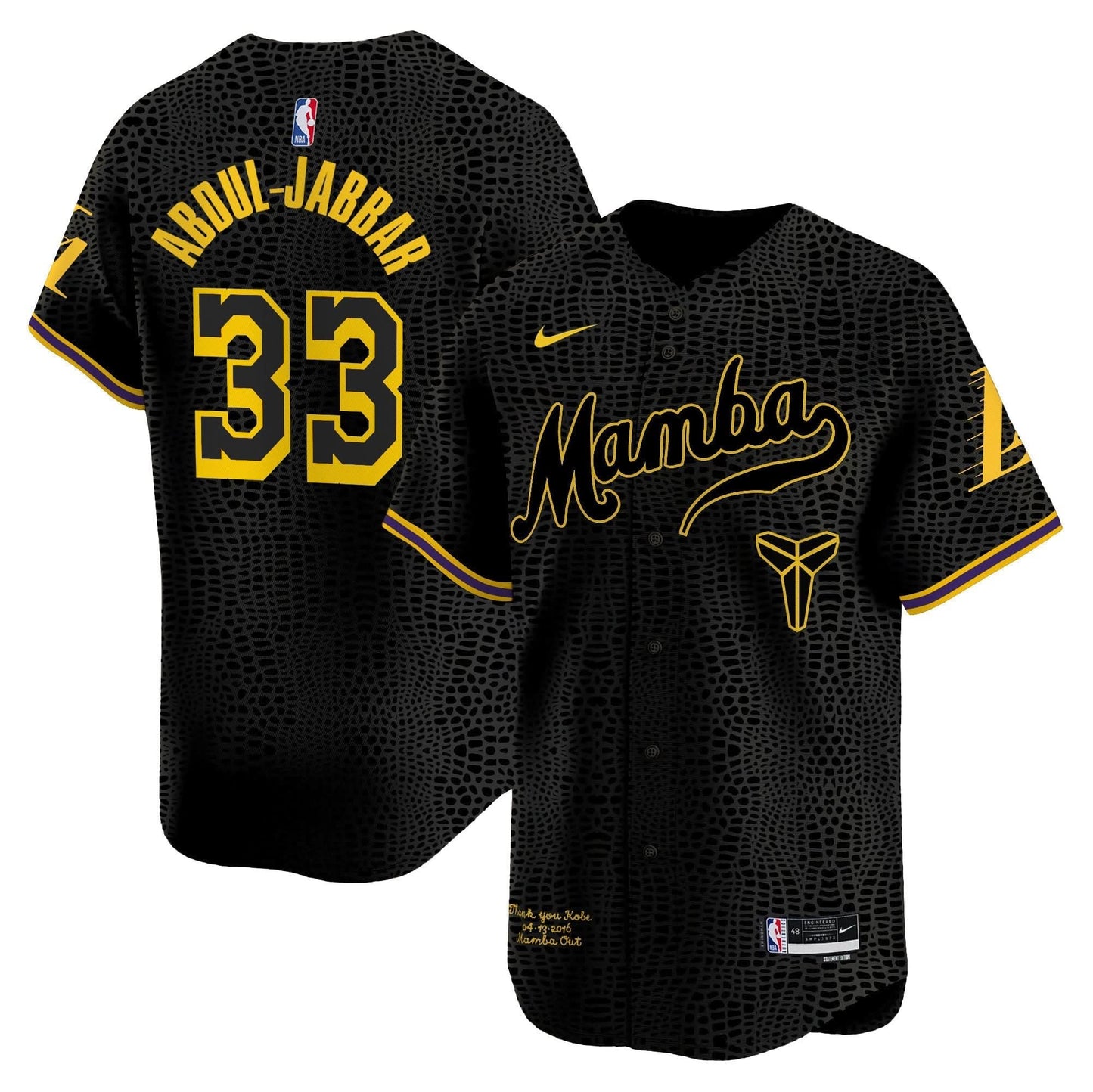 Los Angeles Lakers Kobe Bryant Mamba Vapor Baseball Jersey - All Stitched