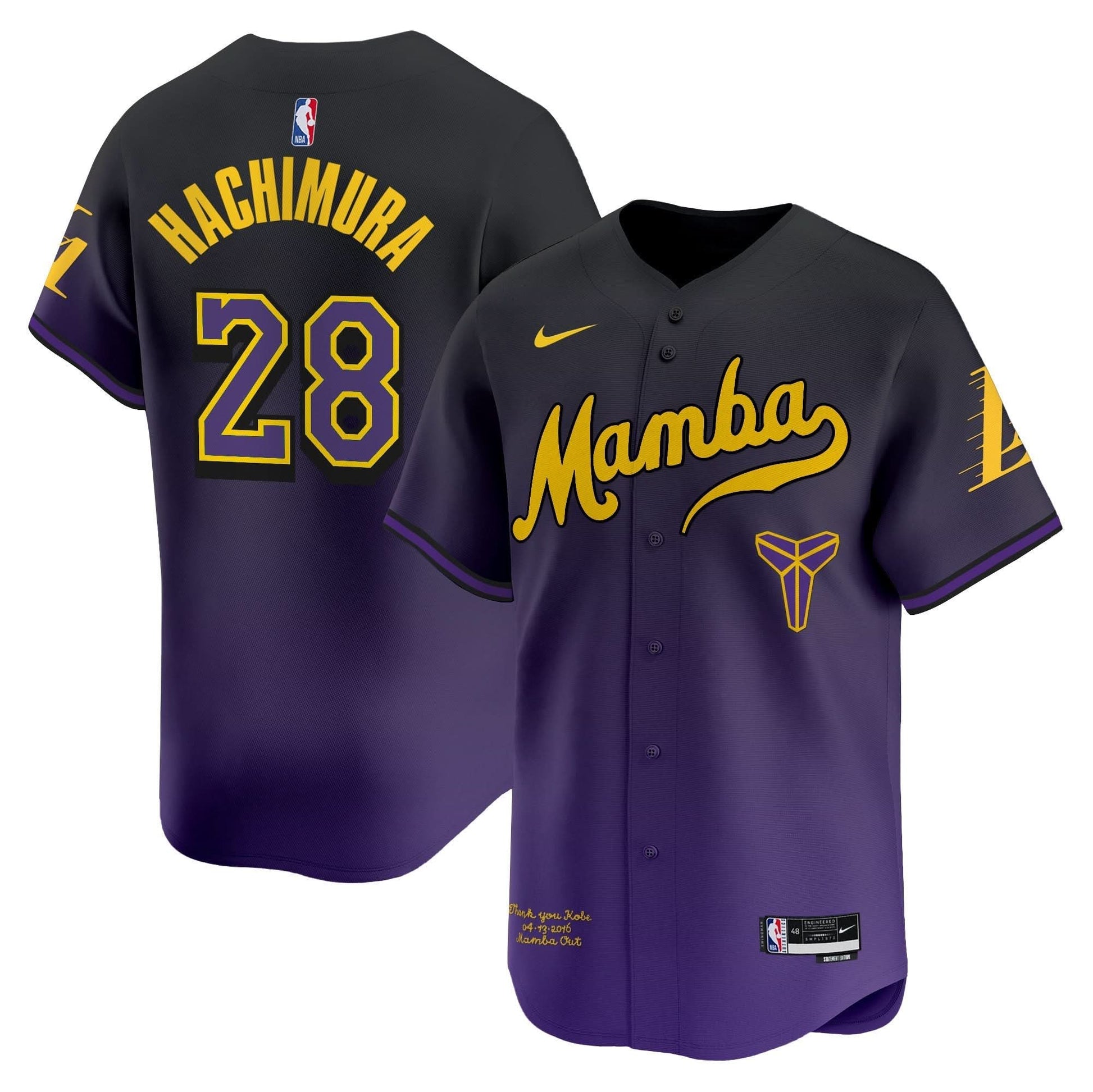 Los Angeles Lakers Kobe Bryant Mamba Vapor Baseball Jersey - All Stitched