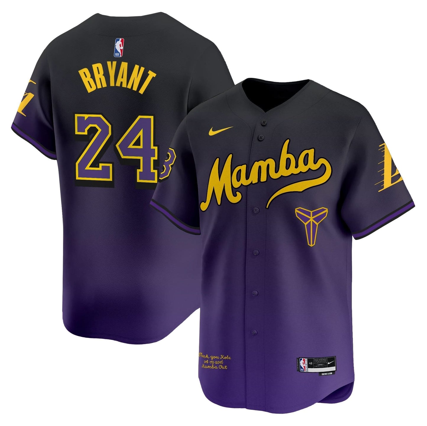 Los Angeles Lakers Kobe Bryant Mamba Vapor Baseball Jersey - All Stitched
