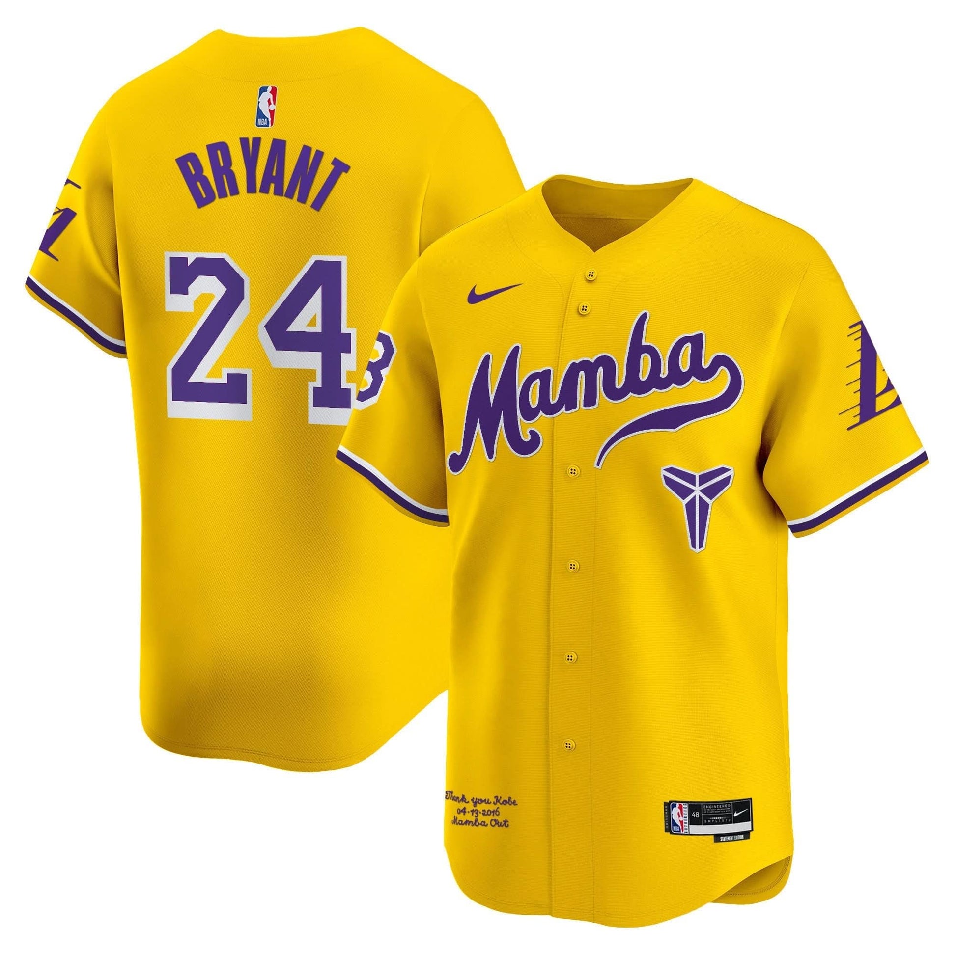 Los Angeles Lakers Kobe Bryant Mamba Vapor Baseball Jersey - All Stitched