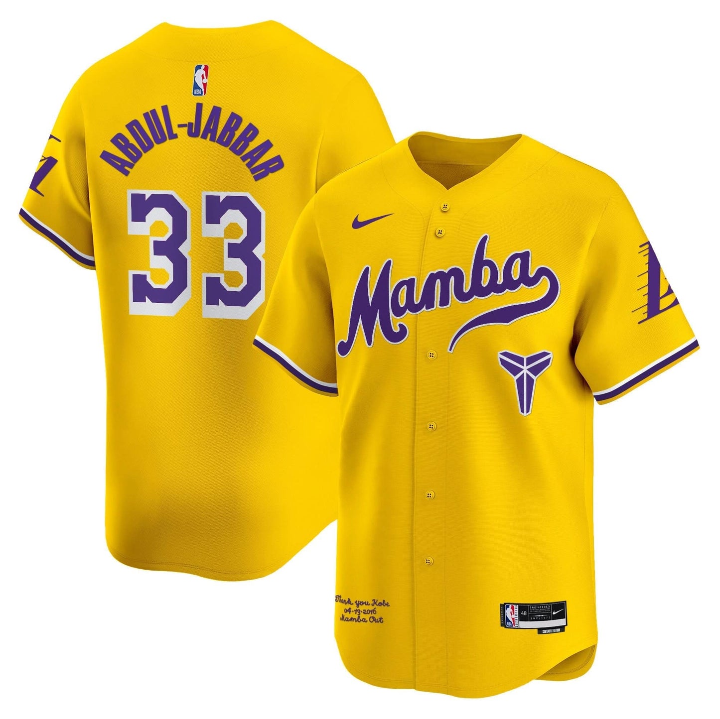 Los Angeles Lakers Kobe Bryant Mamba Vapor Baseball Jersey - All Stitched