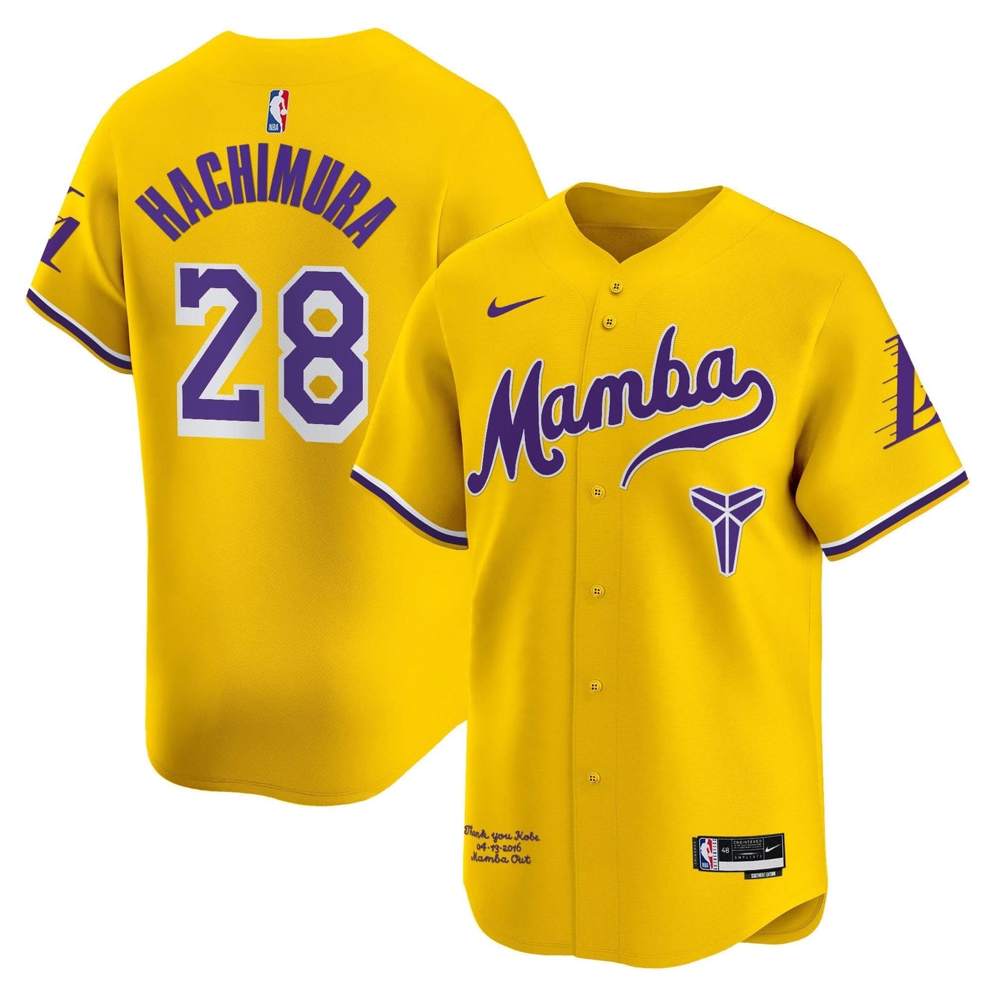 Los Angeles Lakers Kobe Bryant Mamba Vapor Baseball Jersey - All Stitched