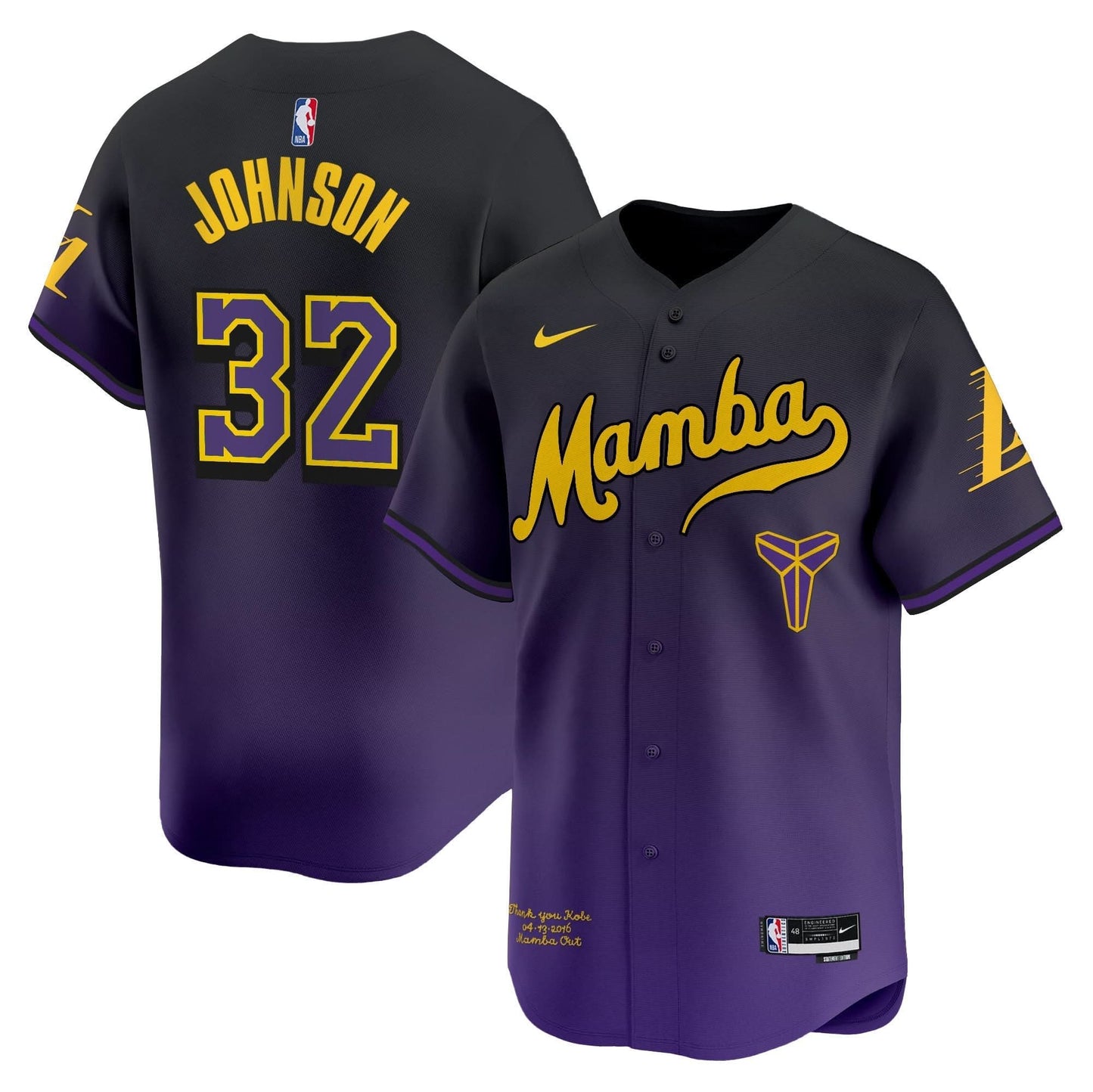 Los Angeles Lakers Kobe Bryant Mamba Vapor Baseball Jersey - All Stitched