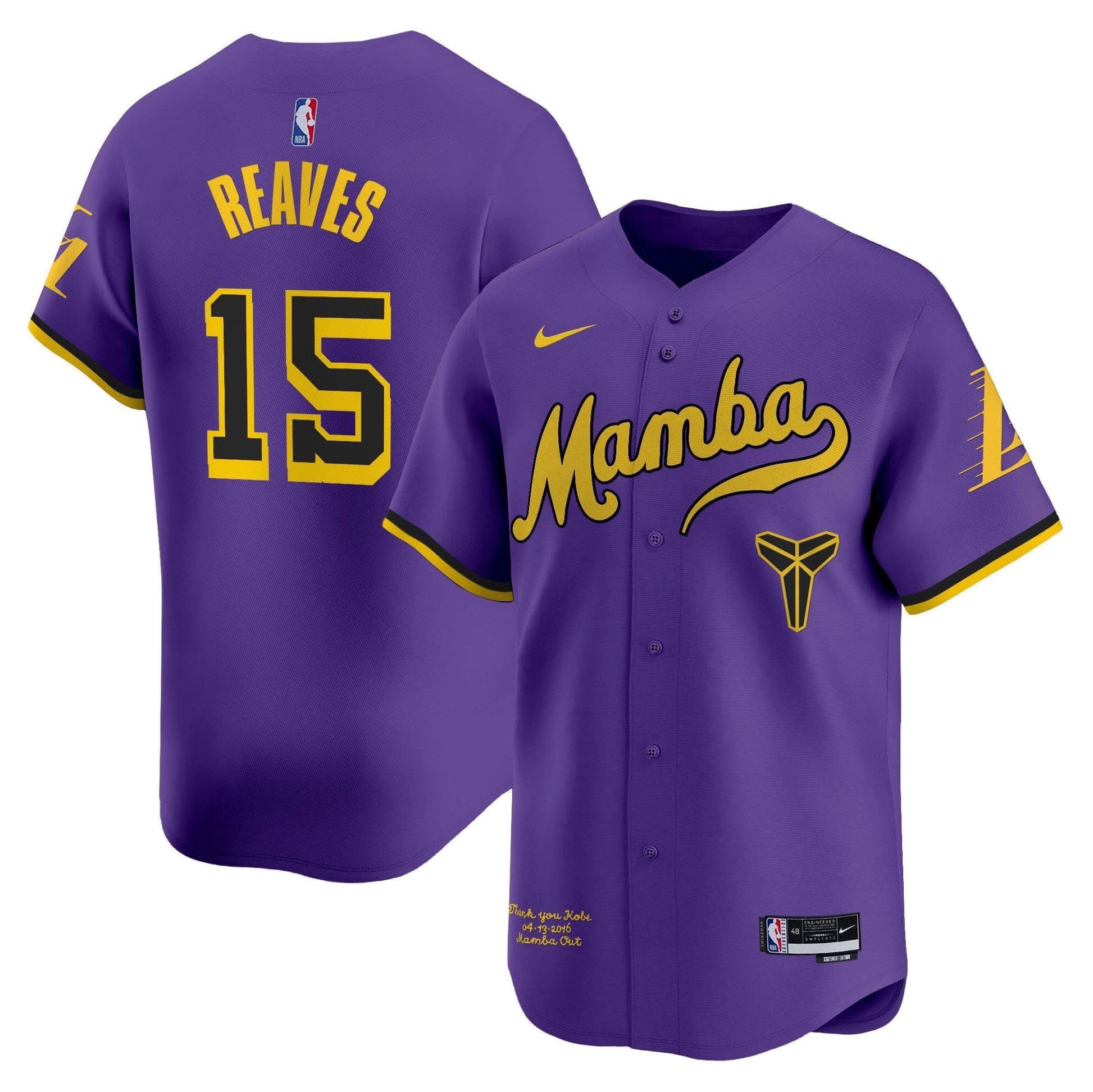 Los Angeles Lakers Kobe Bryant Mamba Vapor Baseball Jersey - All Stitched