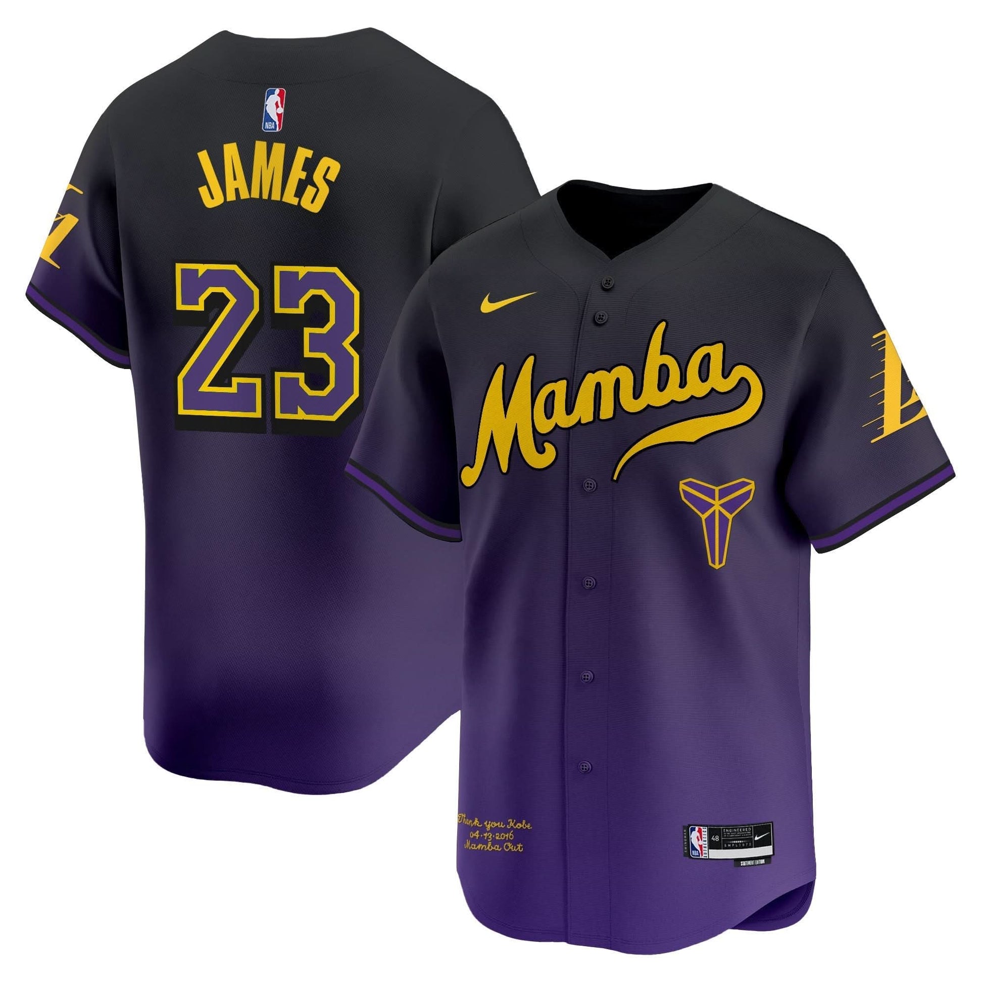 Los Angeles Lakers Kobe Bryant Mamba Vapor Baseball Jersey - All Stitched