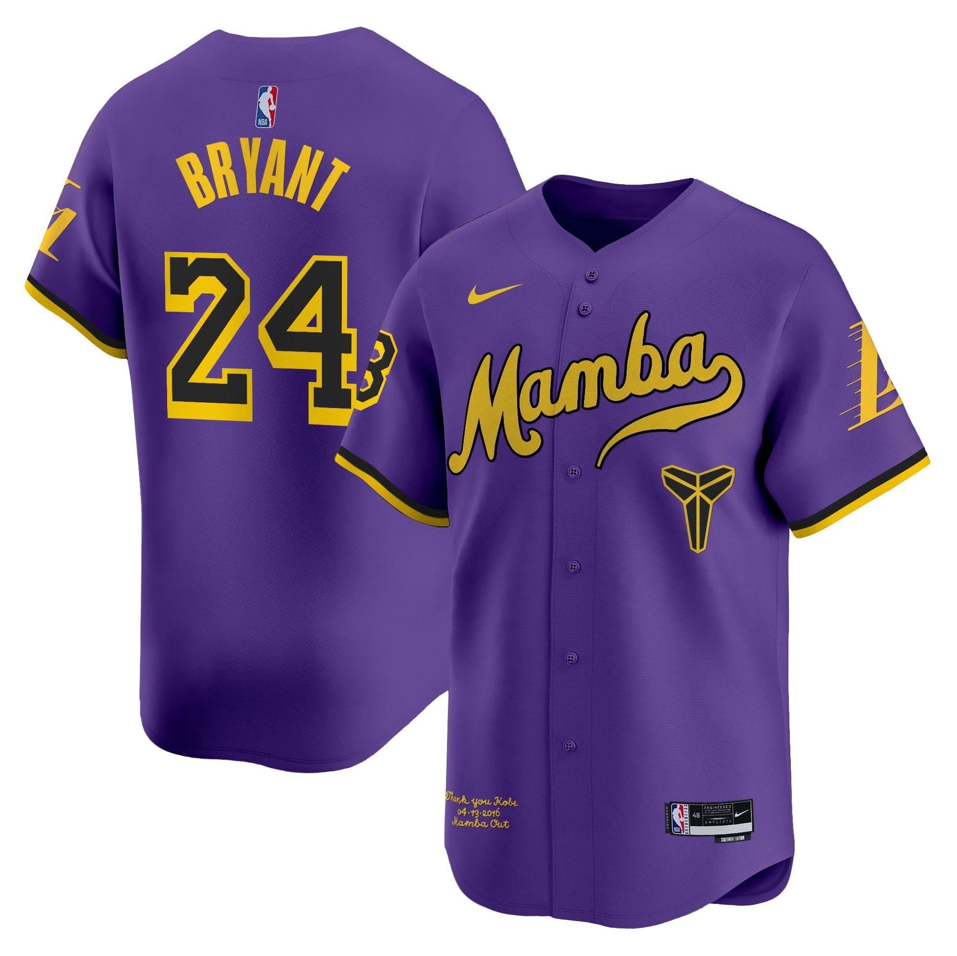 Los Angeles Lakers Kobe Bryant Mamba Vapor Baseball Jersey - All Stitched