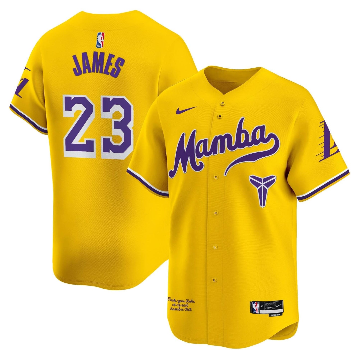 Los Angeles Lakers Kobe Bryant Mamba Vapor Baseball Jersey - All Stitched