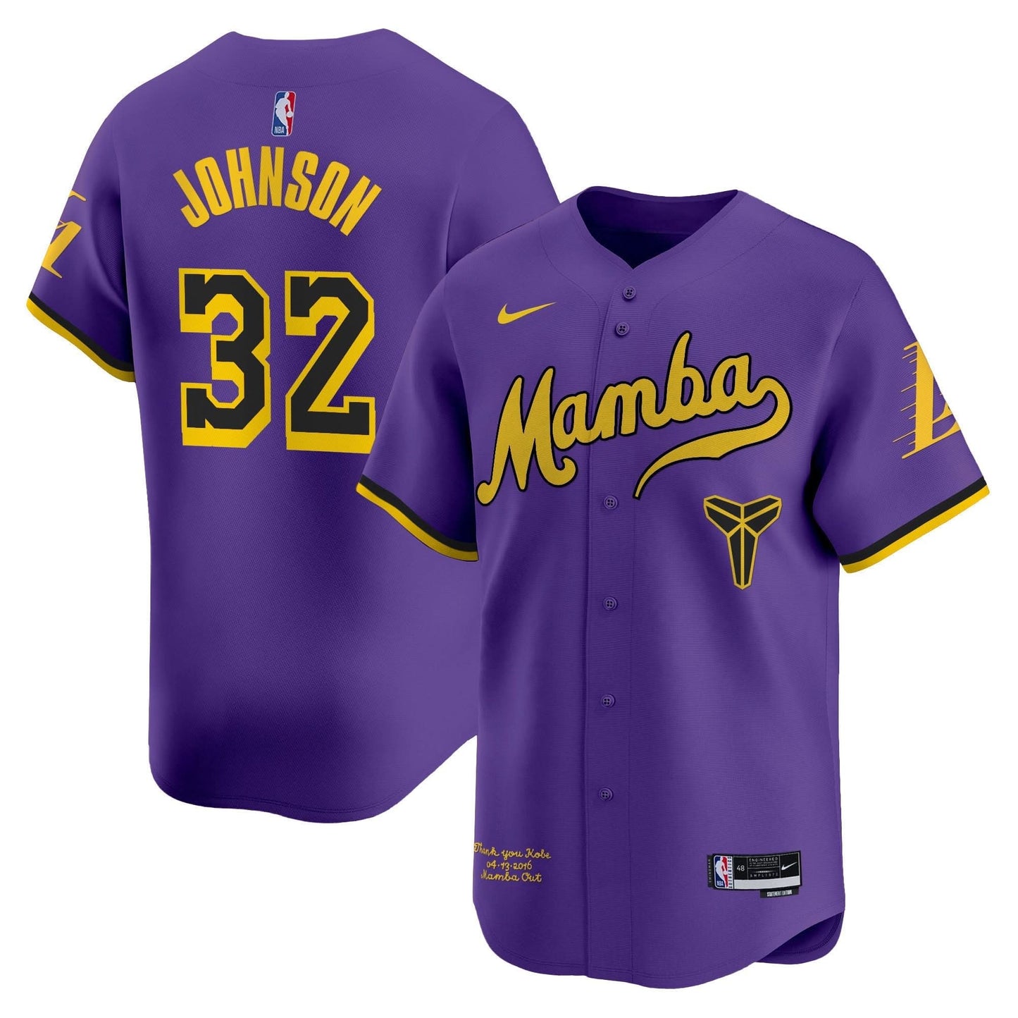 Los Angeles Lakers Kobe Bryant Mamba Vapor Baseball Jersey - All Stitched