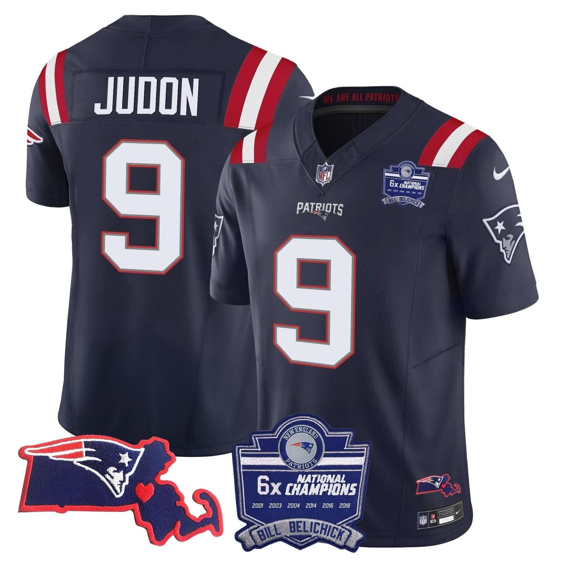 Patriots Bill Belichick 6x Champions Patch Vapor Jersey - All Stitched